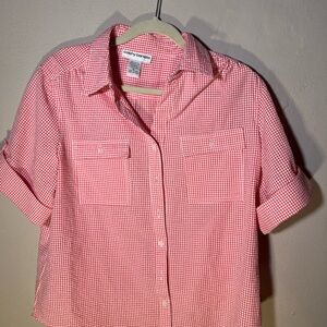 Cathy Daniel’s XL Short Sleeve Button Down Shirt Reddish Check Seersucker Retro